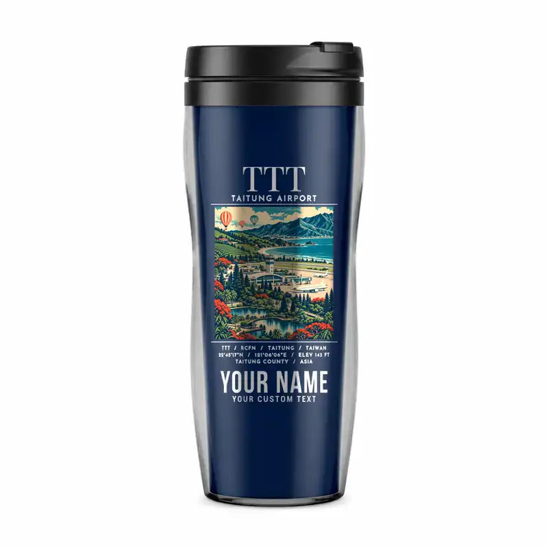 Taitung Airport (TTT) Travel Mugs - Poster + Name - Plastic (No Holder) - Dark Blue