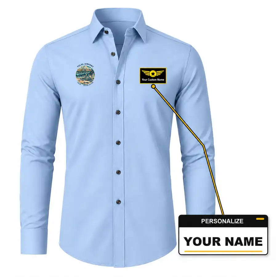 Tulsa International Airport (TUL) Shirts - Long Sleeve Shirt - Badge - Light Blue + NAME