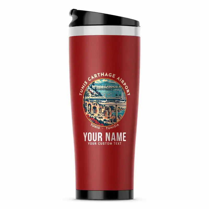 Tunis-Carthage International Airport (TUN) Travel Mugs - Badge + Name - Stainless Steel (No Holder) - Red