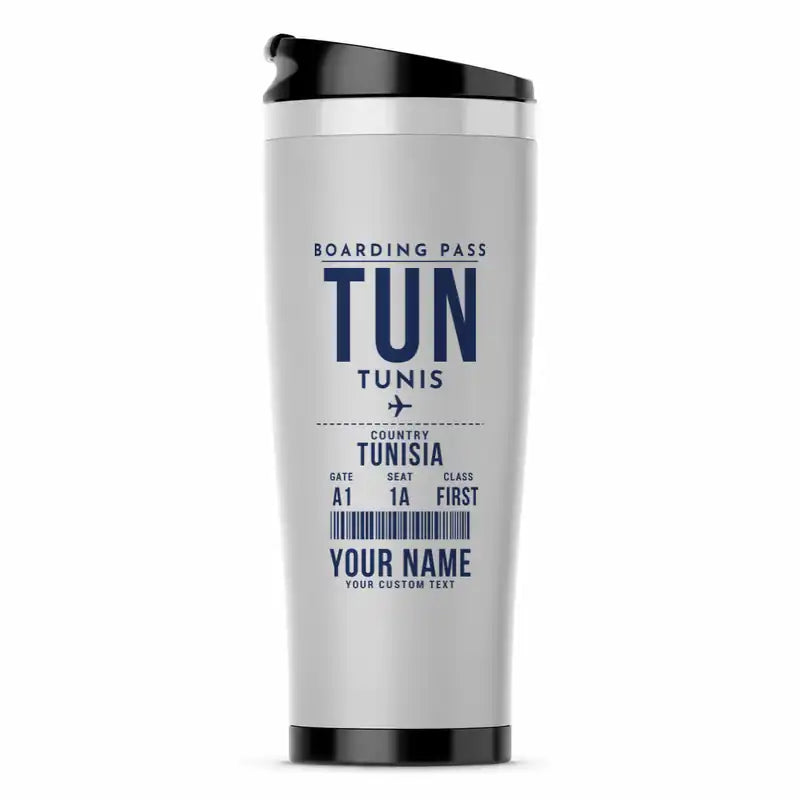 Tunis-Carthage International Airport (TUN) Travel Mugs - Boarding Pass + Name - Stainless Steel (No Holder) - Light Gray