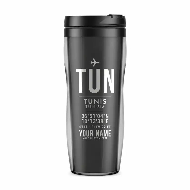 Tunis-Carthage International Airport (TUN) Travel Mugs - ID Tag + Name - Plastic (No Holder) - Gray