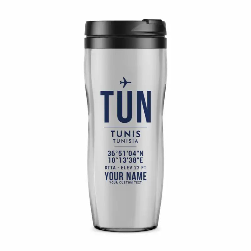 Tunis-Carthage International Airport (TUN) Travel Mugs - ID Tag + Name - Plastic (No Holder) - Light Gray