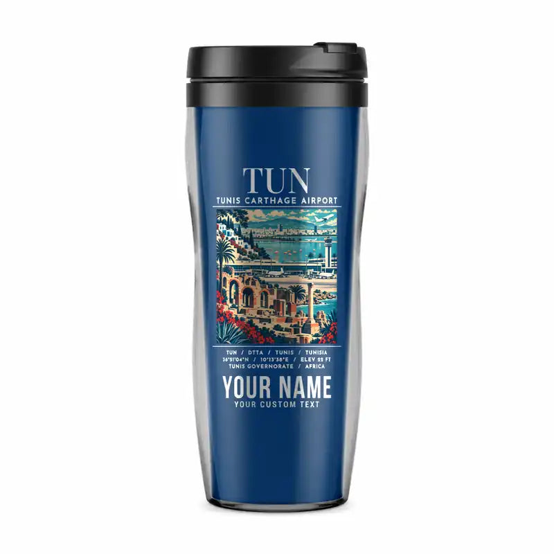Tunis-Carthage International Airport (TUN) Travel Mugs - Poster + Name - Plastic (No Holder) - Blue