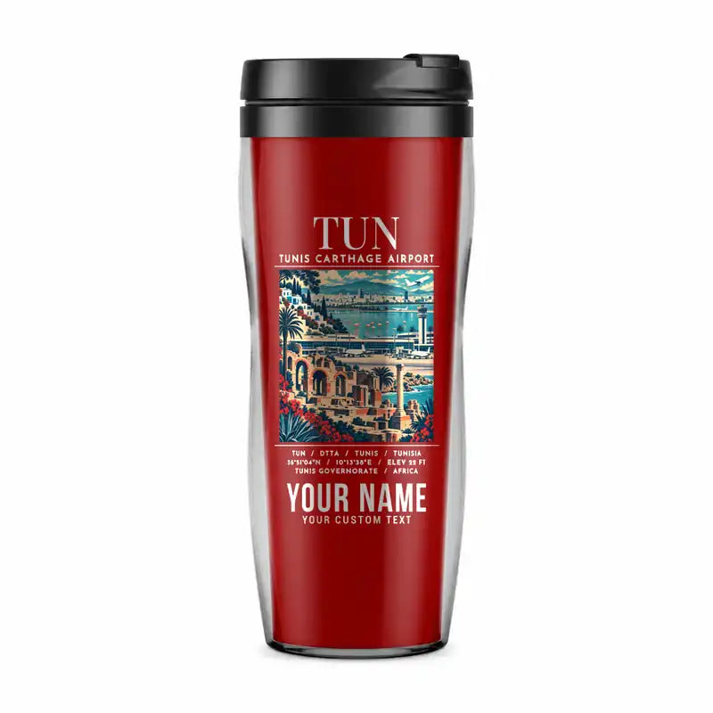 Tunis-Carthage International Airport (TUN) Travel Mugs - Poster + Name - Plastic (No Holder) - Red