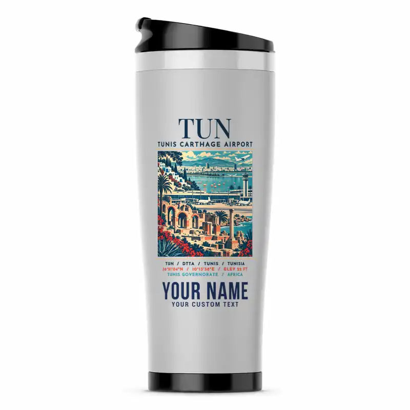Tunis-Carthage International Airport (TUN) Travel Mugs - Poster + Name - Stainless Steel (No Holder) - Light Gray