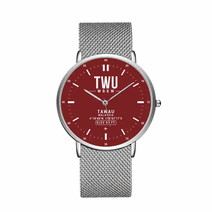 Tawau Airport (TWU) Aviator Watches - Classic - Dark Red - Slim Mesh - Silver & Silver Stainless Steel Strap