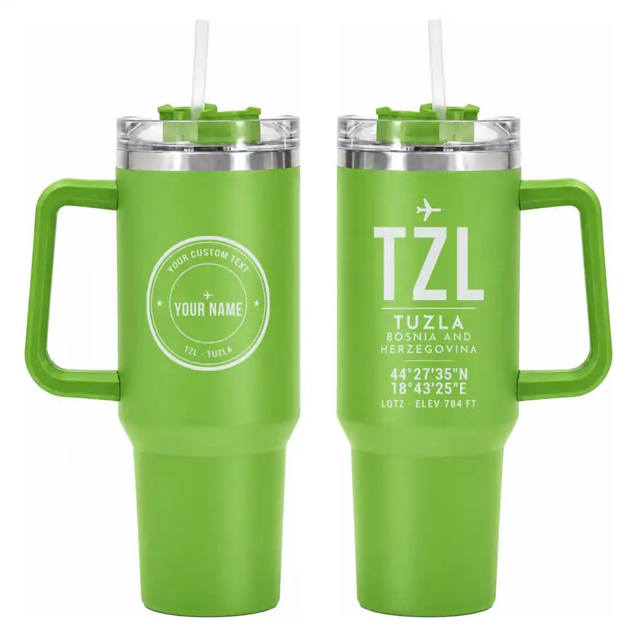Tuzla International Airport (TZL) Stainless Steel Mugs - ID Tag + Custom Back - 40oz Car Mug - Green