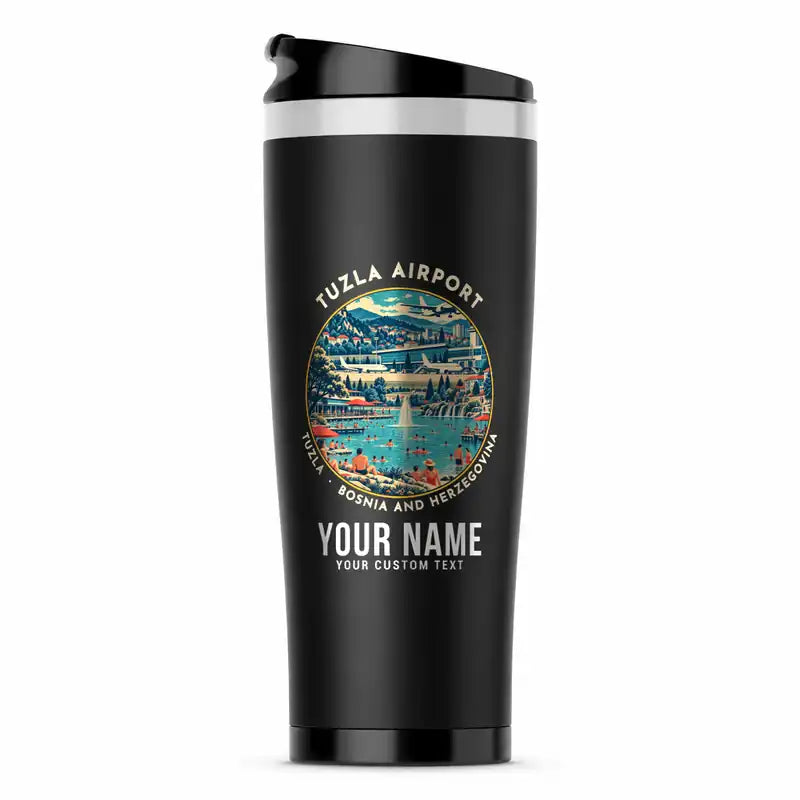 Tuzla International Airport (TZL) Travel Mugs - Badge + Name - Stainless Steel (No Holder) - Black