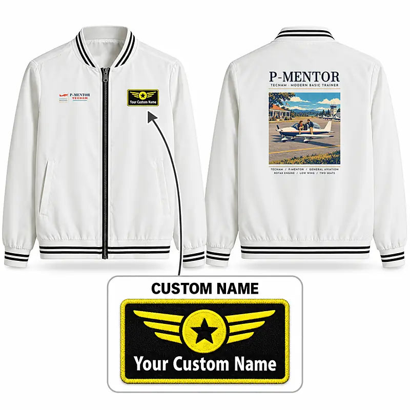 Tecnam P-Mentor Stylish Jackets - Baseball Collar - Poster + Name - White