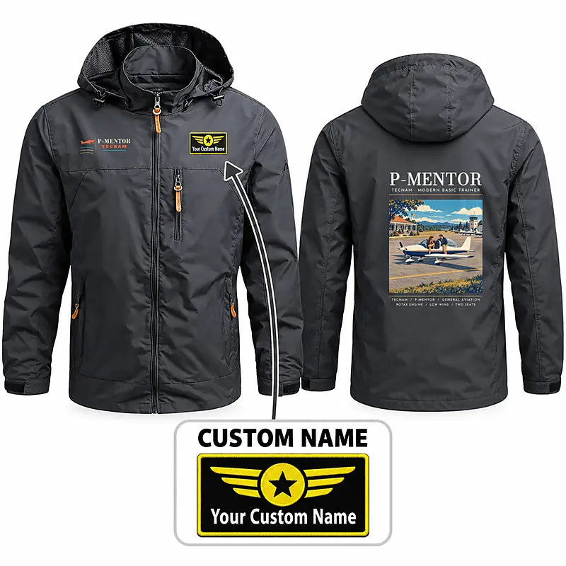 Tecnam P-Mentor Stylish Jackets - Hooded Windbreaker - Poster + Name - Charcoal