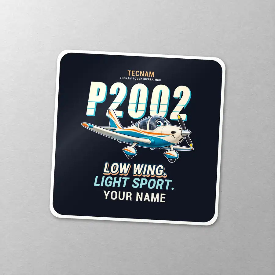 Tecnam P2002 Sierra MkII - Cartoon + Name - Square Sticker - Close-up