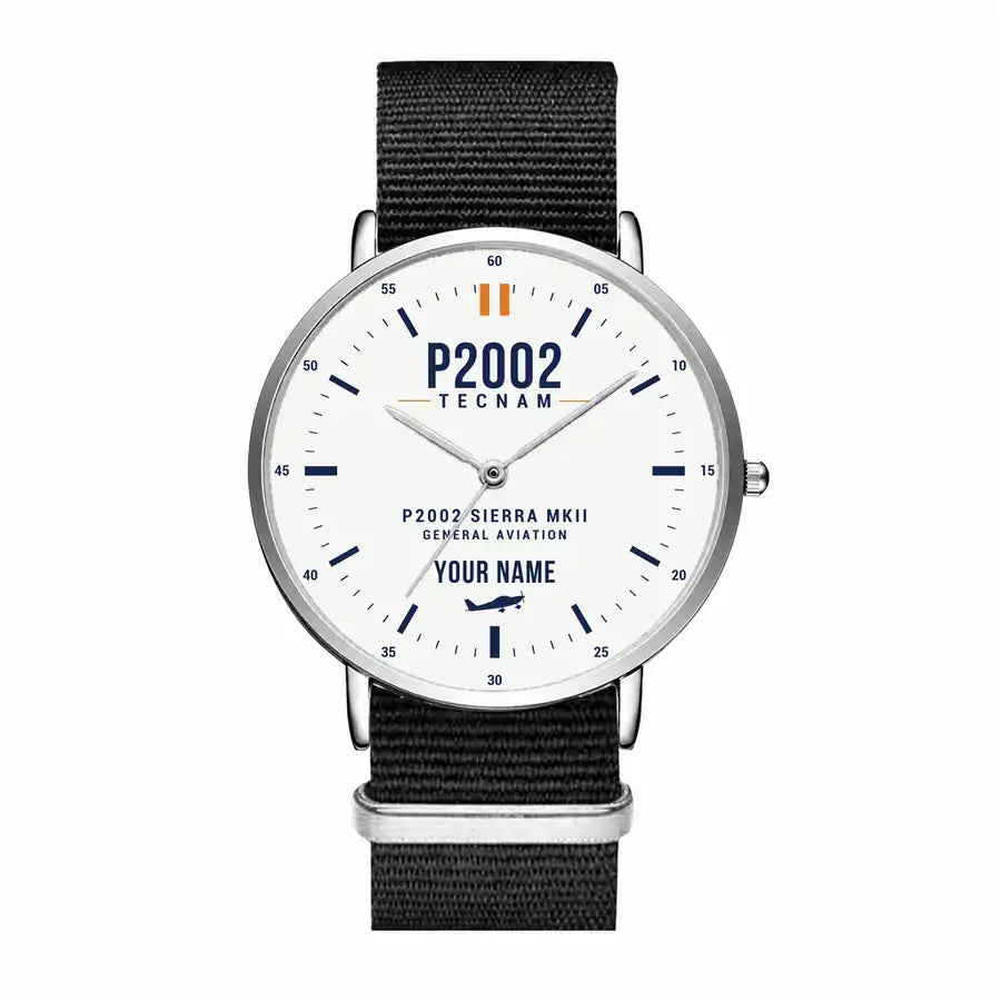 Tecnam P2002 Sierra MkII - Classic - White + Name - Slim Leather - Silver and Black Nylon Strap