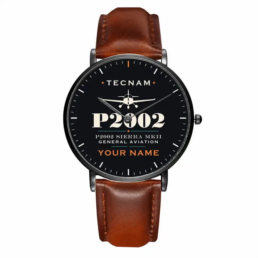 Tecnam P2002 Sierra MkII - Heritage + Name - Slim Leather - Black and Brown Leather Strap