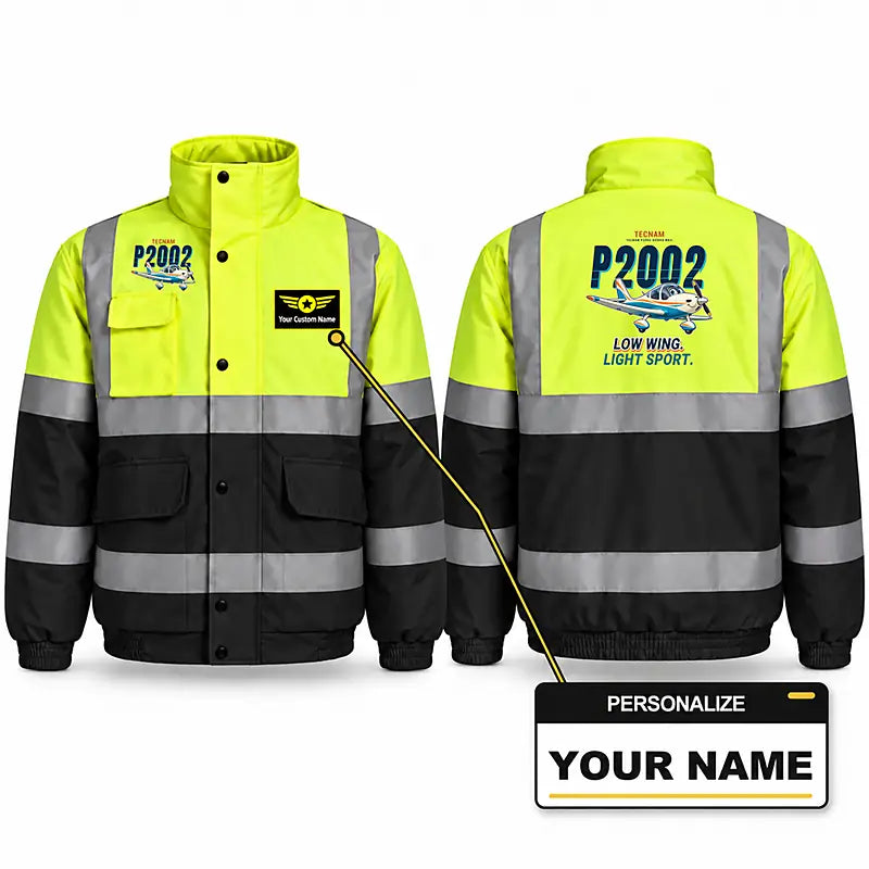 Tecnam P2002 Sierra MkII Reflective Winter Jackets - Cartoon + Name - Fluorescent Yellow & Navy