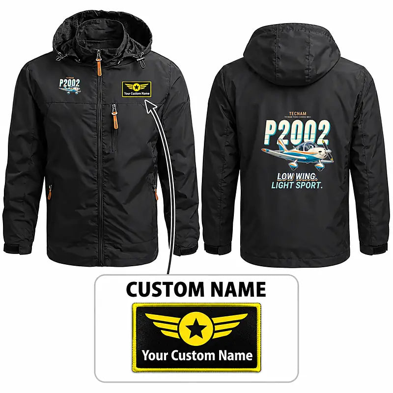 Tecnam P2002 Sierra MkII Stylish Jackets - Hooded Windbreaker - Cartoon + Name - Black