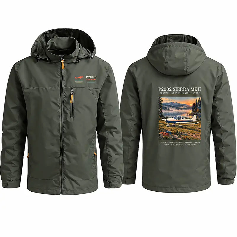 Tecnam P2002 Sierra MkII Stylish Jackets - Hooded Windbreaker - Poster - Olive Green