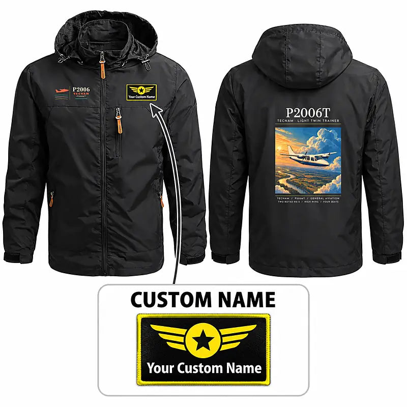 Tecnam P2006T Stylish Jackets - Hooded Windbreaker - Poster + Name - Black