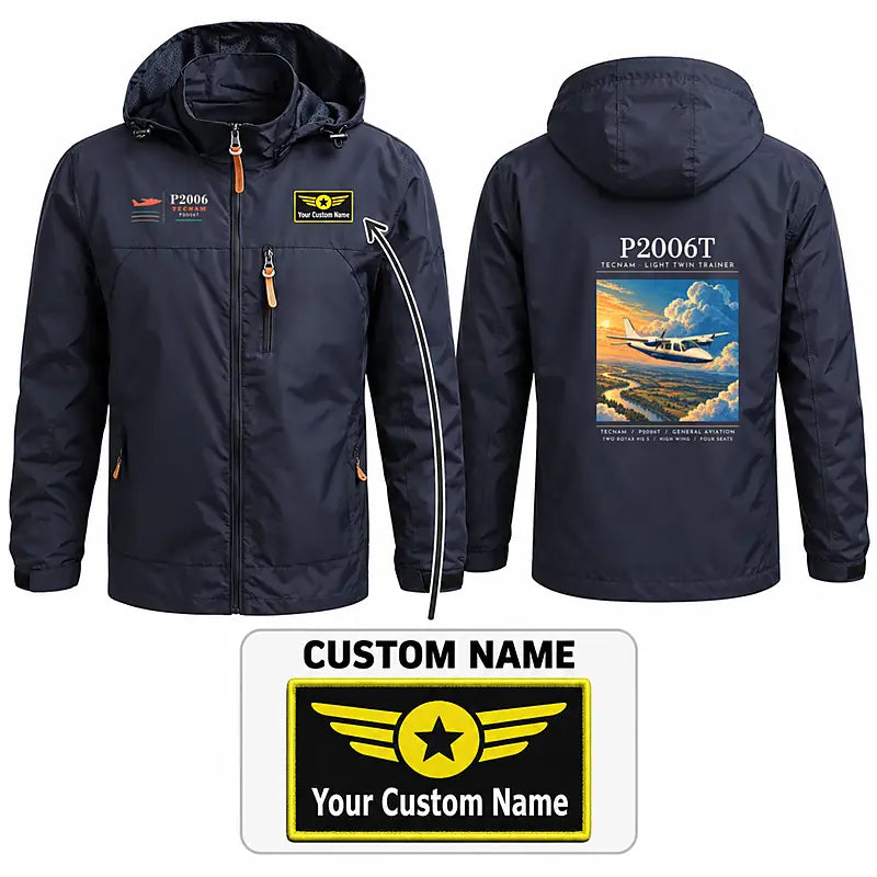 Tecnam P2006T Stylish Jackets - Hooded Windbreaker - Poster + Name - Navy Blue