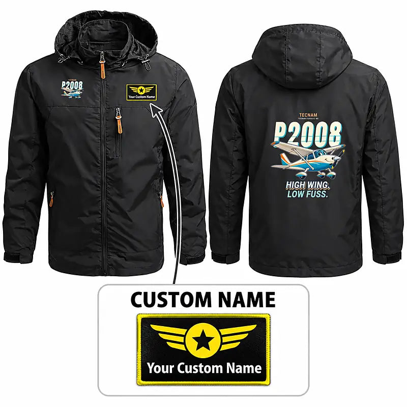 Tecnam P2008JC NG Stylish Jackets - Hooded Windbreaker - Cartoon + Name - Black
