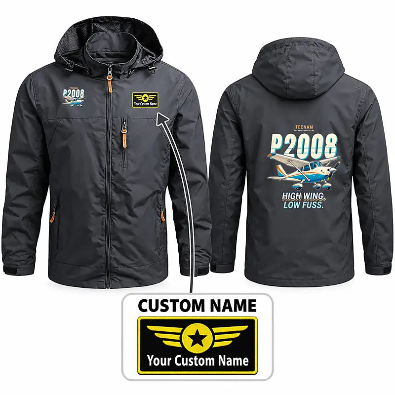 Tecnam P2008JC NG Stylish Jackets - Hooded Windbreaker - Cartoon + Name - Charcoal