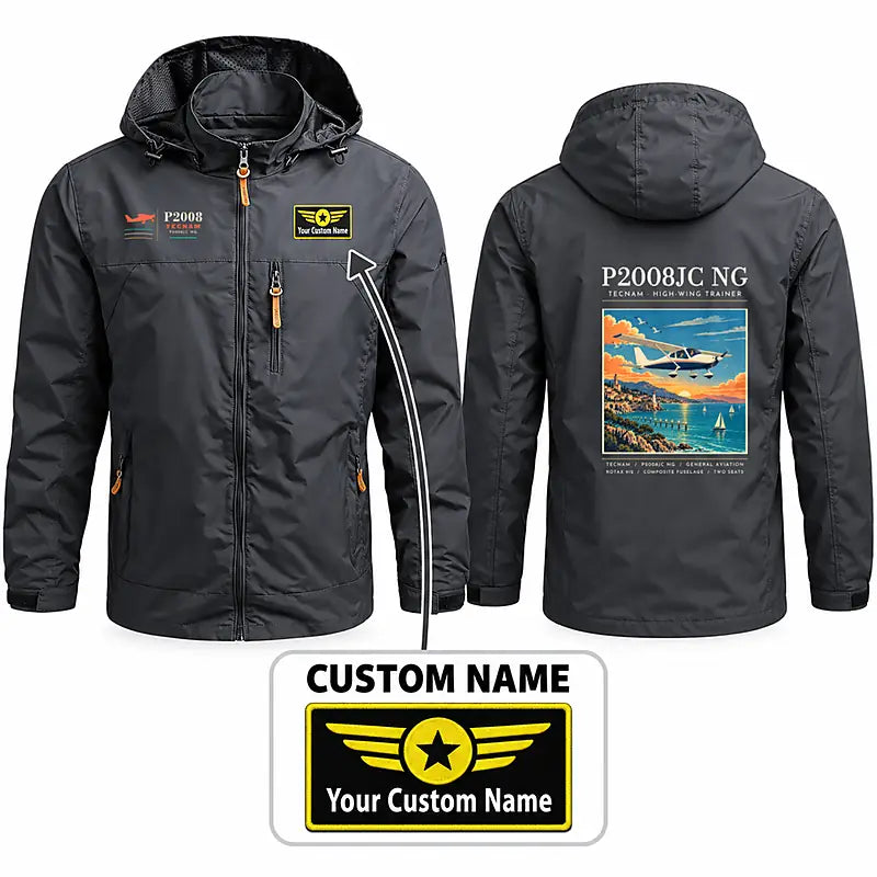 Tecnam P2008JC NG Stylish Jackets - Hooded Windbreaker - Poster + Name - Charcoal
