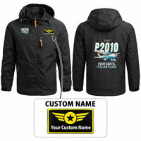 Thumbnail for Tecnam P2010 Stylish Jackets - Hooded Windbreaker - Cartoon + Name - Black