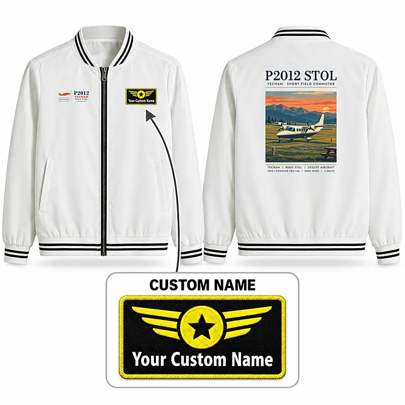 Tecnam P2012 STOL Stylish Jackets - Baseball Collar - Poster + Name - White