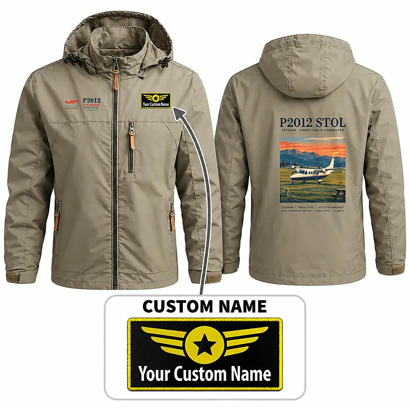 Tecnam P2012 STOL Stylish Jackets - Hooded Windbreaker - Poster + Name - Khaki