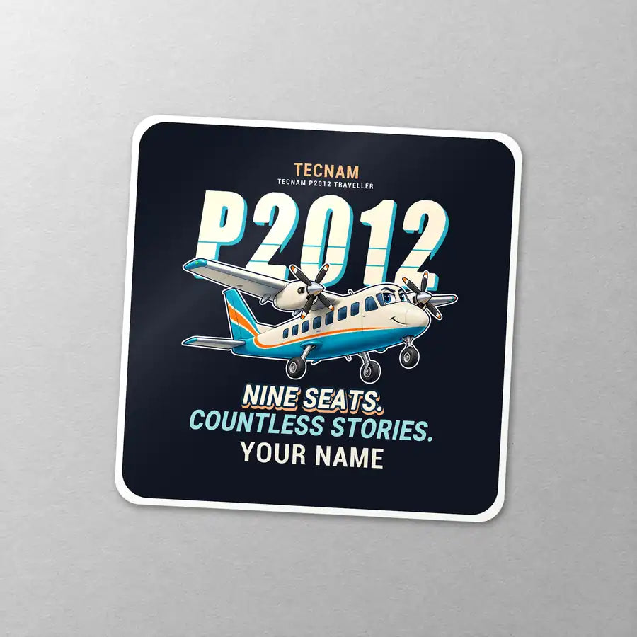Tecnam P2012 Traveller - Cartoon + Name - Square Sticker - Close-up