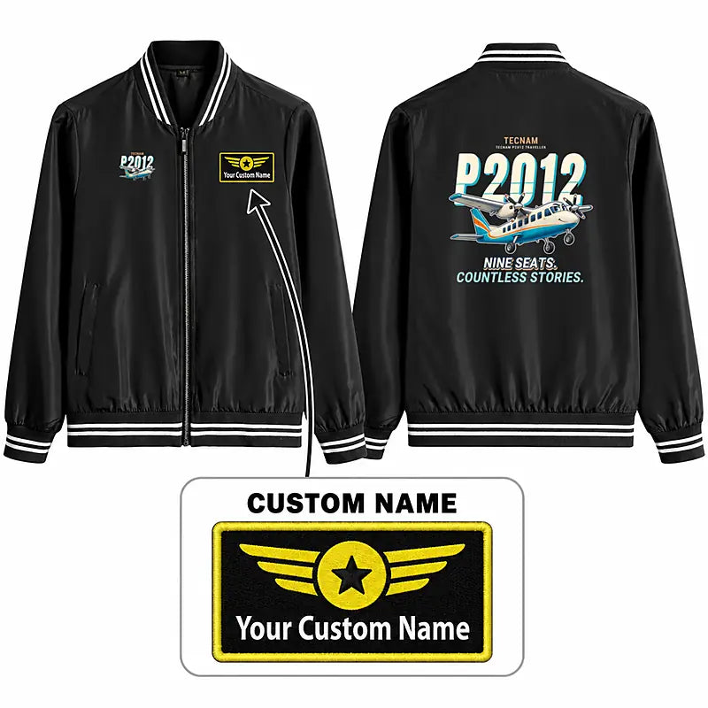 Tecnam P2012 Traveller Stylish Jackets - Baseball Collar - Cartoon + Name - Black