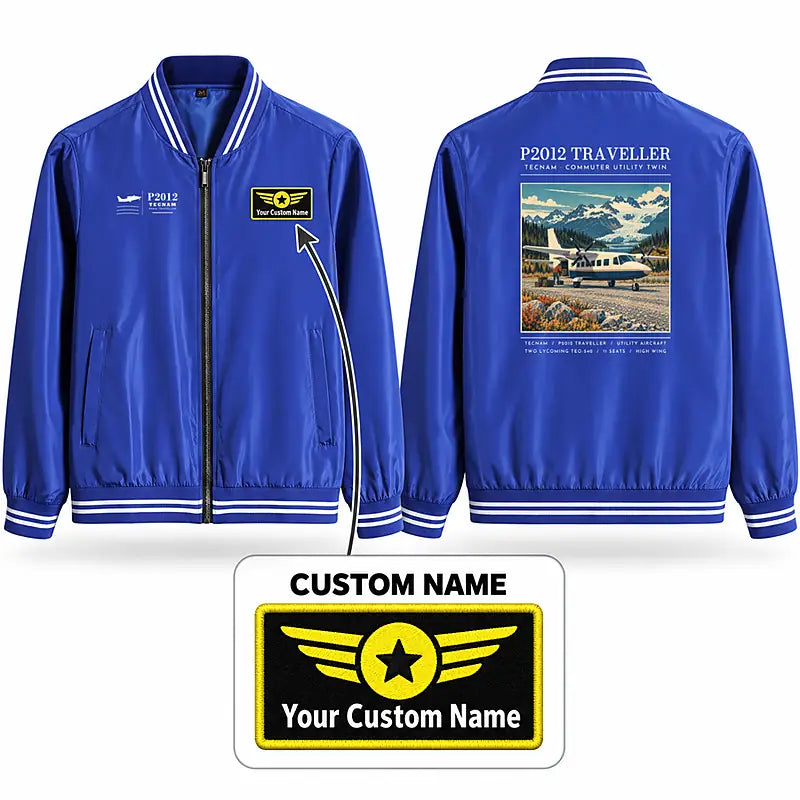 Tecnam P2012 Traveller Stylish Jackets - Baseball Collar - Poster + Name - Royal Blue