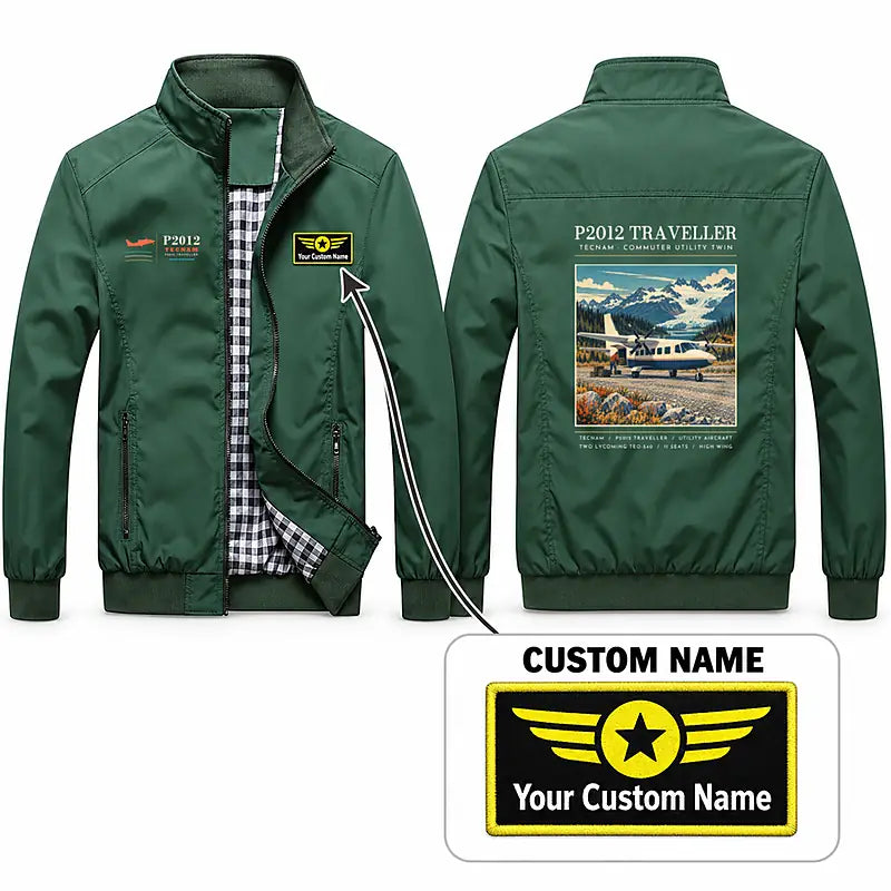 Tecnam P2012 Traveller Stylish Jackets - Stand Collar - Poster + Name - Green