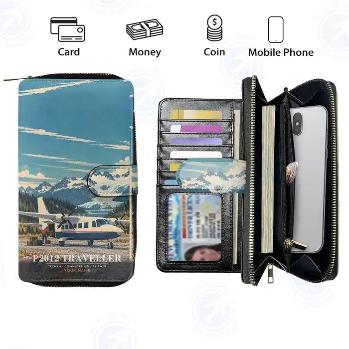 Tecnam P2012 Traveller Leather Wallets - Zip Long Wallet - 3D + Name
