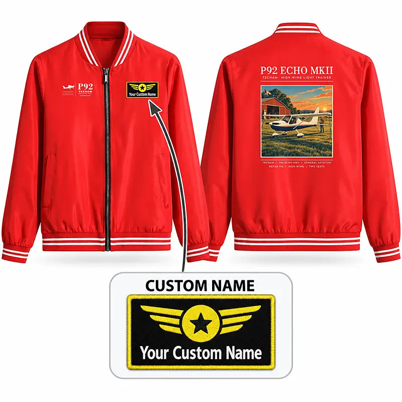 Tecnam P92 Echo MkII Stylish Jackets - Baseball Collar - Poster + Name - Red