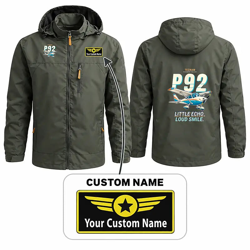 Tecnam P92 Echo MkII Stylish Jackets - Hooded Windbreaker - Cartoon + Name - Olive Green