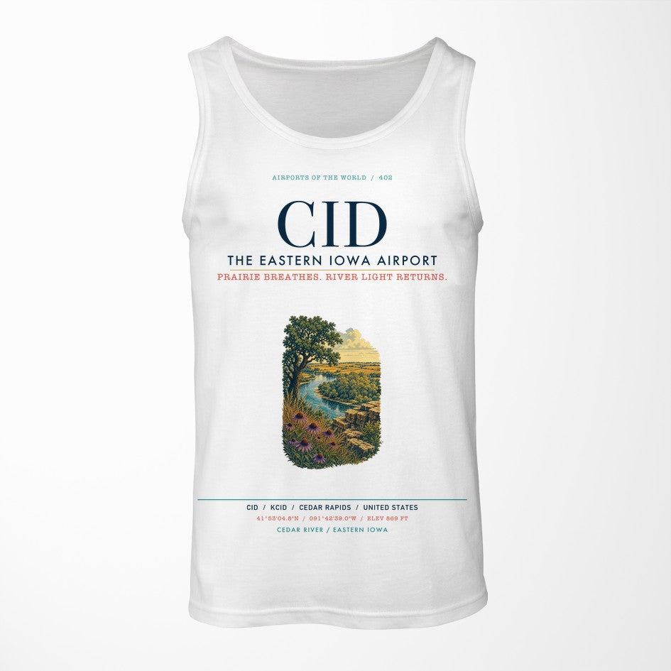 The Eastern Iowa Airport Cedar Rapids (CID) design on white tank top