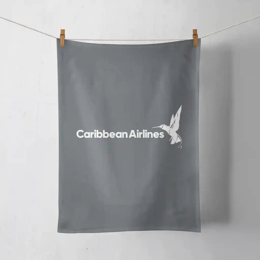 Carbbean Airlines design on gray towel