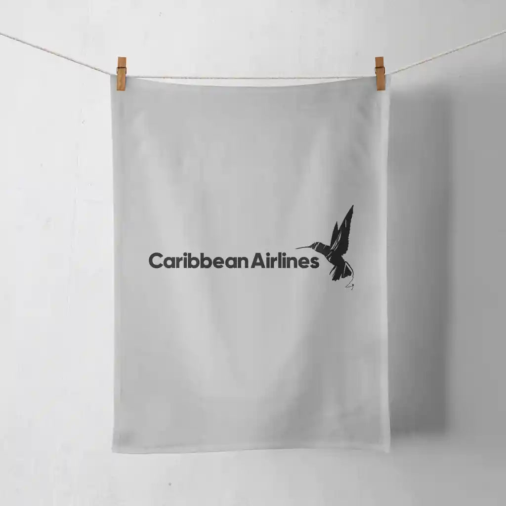 Carbbean Airlines design on light gray towel