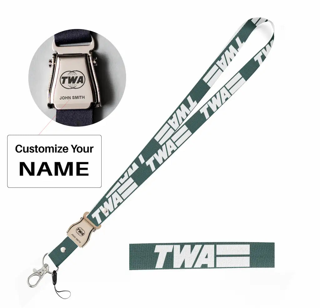 Trans World Airlines (TWA) seat belt lanyard - dark green with name