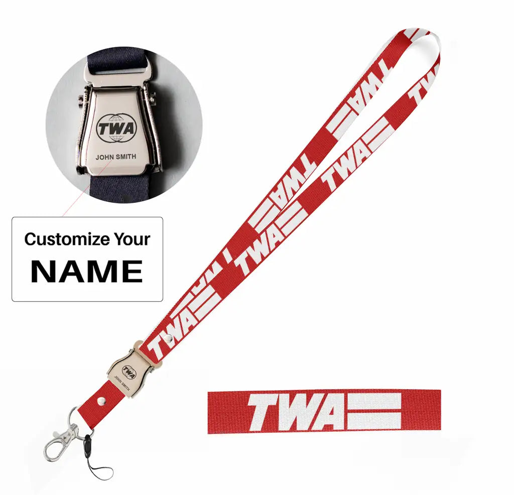 Trans World Airlines (TWA) seat belt lanyard - red with name
