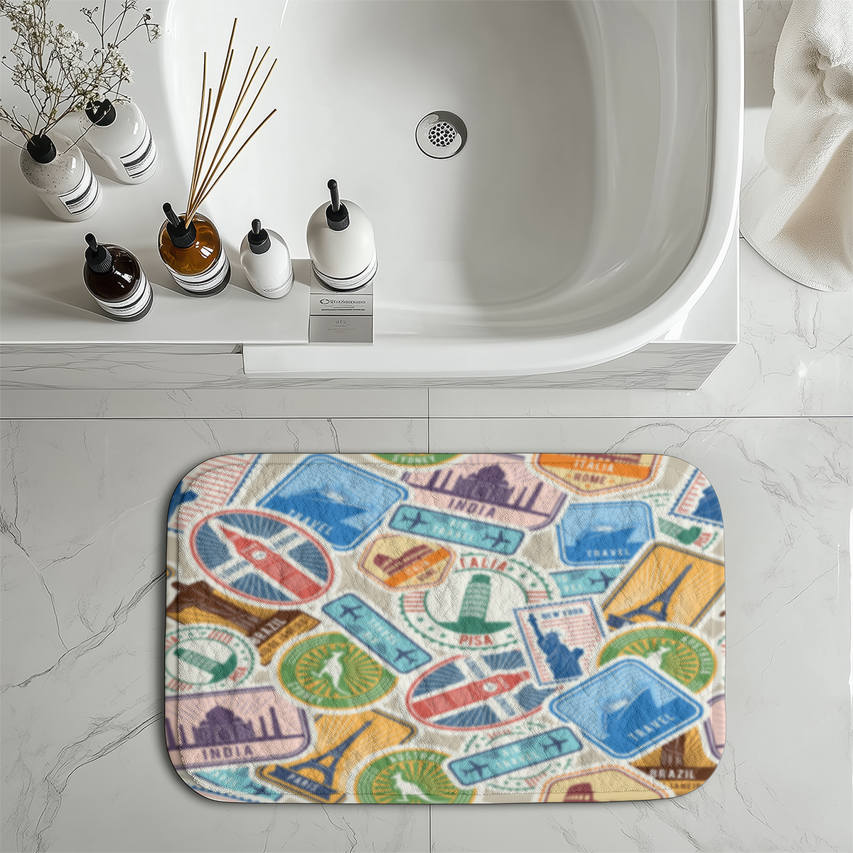 Travel Icons Designed Bath Mats