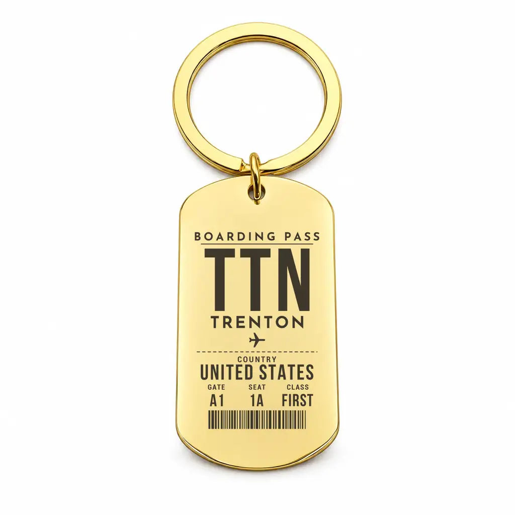 Trenton-Mercer Airport TTN - Key Chain - Boarding Pass Style - Gold
