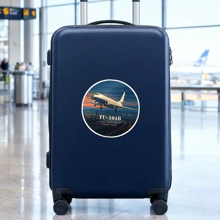 Tupolev Tu-104B - 3D + Name - Circle Sticker - Suitcase