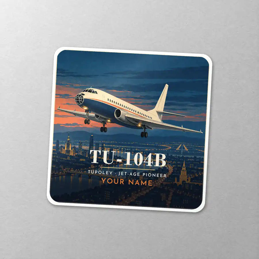 Tupolev Tu-104B - 3D + Name - Square Sticker - Close-up
