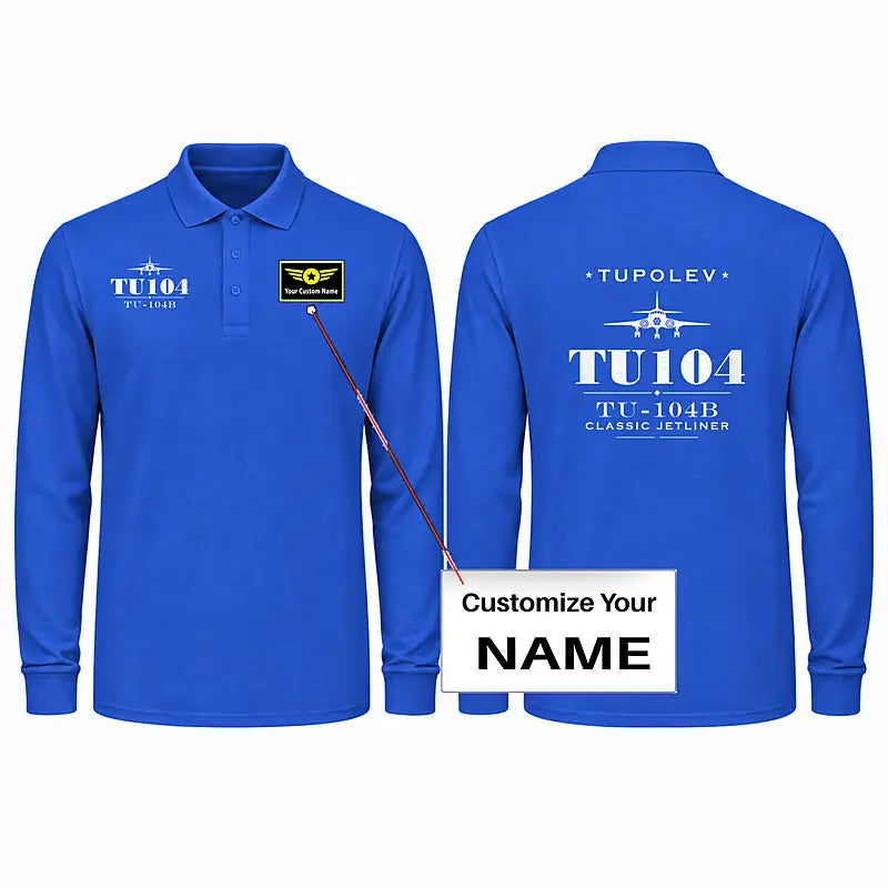 Tupolev Tu-104B Premium Polo T-Shirts - Heritage + Name - Long Sleeve - Blue