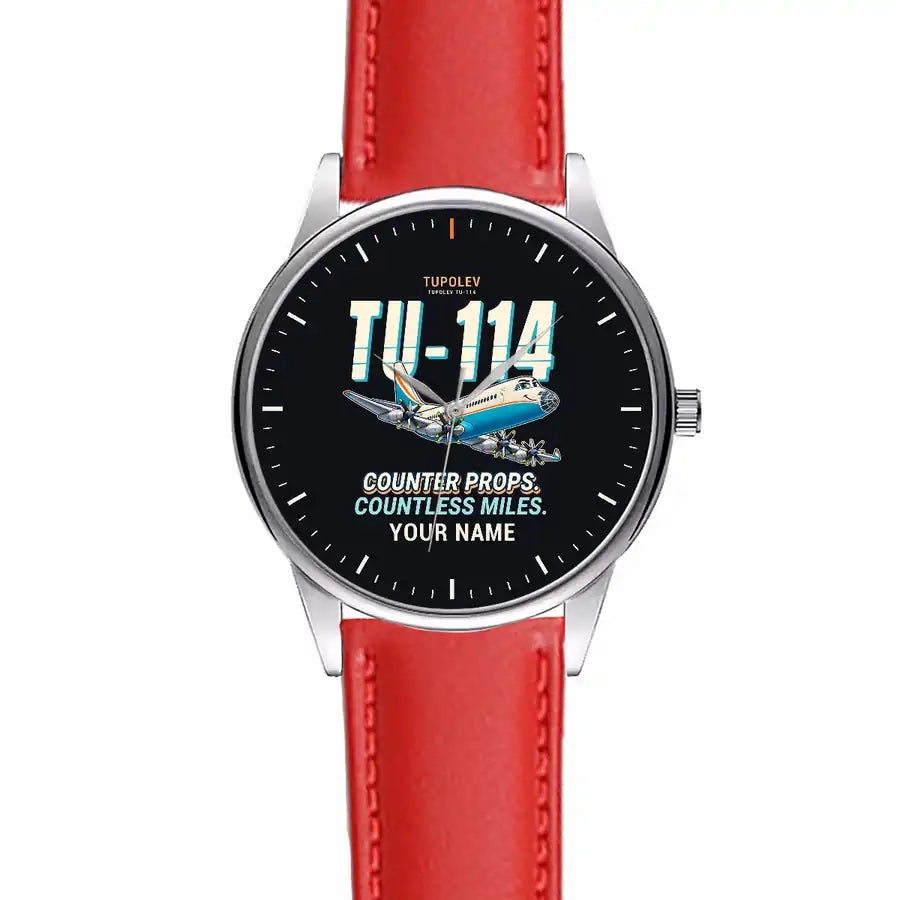 Tupolev Tu-114 - Cartoon + Name - Leather Strap - Red Leather Strap