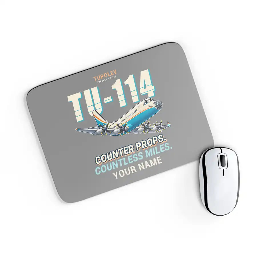 Tupolev Tu-114 - Cartoon + Name - Mouse Pad - Gray