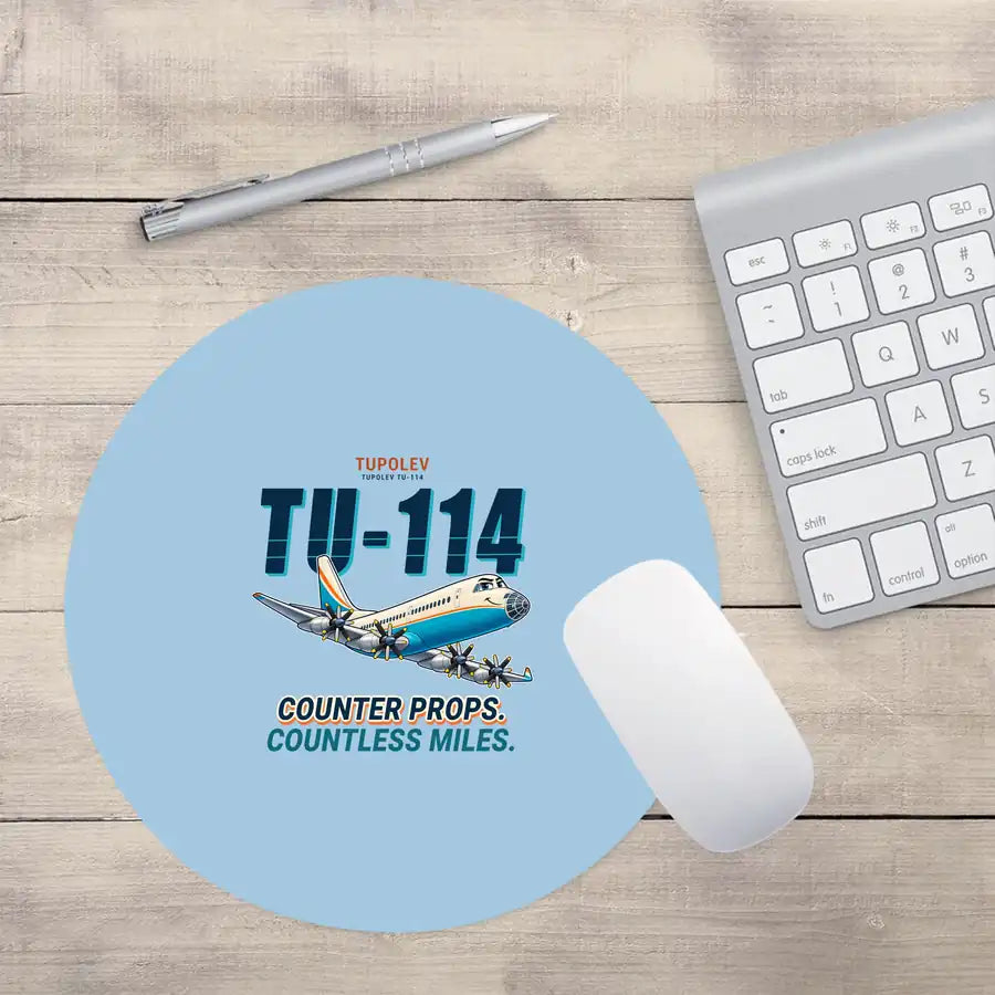 Tupolev Tu-114 - Cartoon - Round Mouse Pad - Light Blue