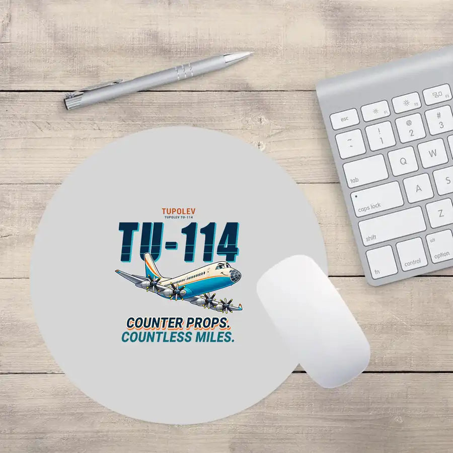 Tupolev Tu-114 - Cartoon - Round Mouse Pad - Light Gray