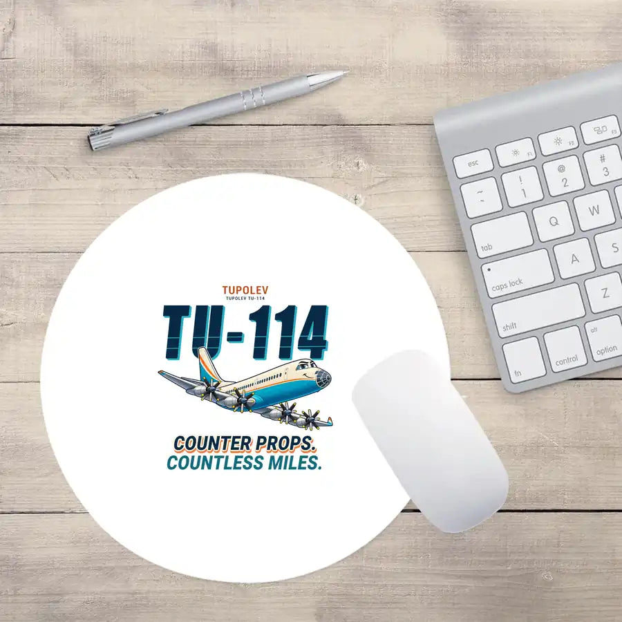 Tupolev Tu-114 - Cartoon - Round Mouse Pad - White
